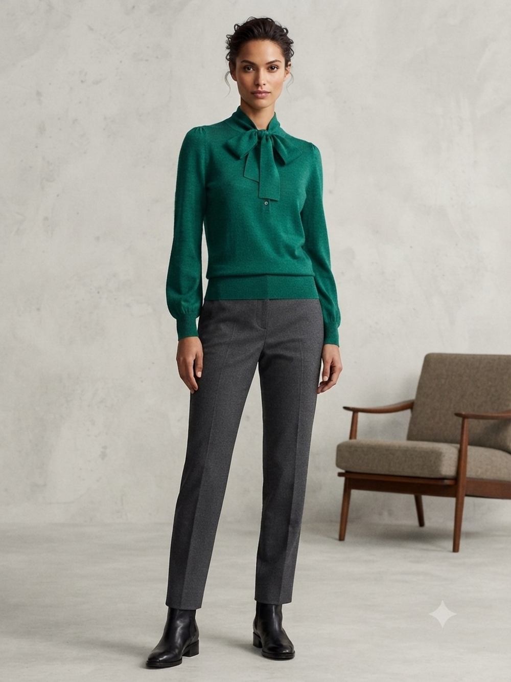 Moulinette Soeurs By Anthropologie Emerald Green Tie-Neck Crew Sweater Size S